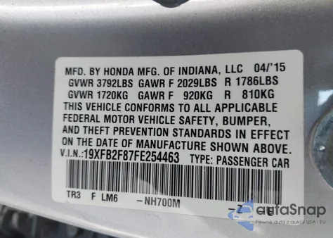2015 Honda Civic Ex z USA, uszkodzony, nr VIN 19XFB2F87FE254463